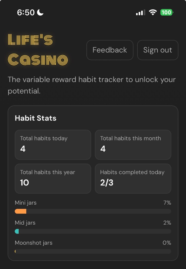 Life’s Casino habit tracker showing Habit Stats, stat cards, and jar progress bars